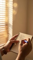 Hands writing to-do list in spiral notebook with pen near window with warm sunlight and bokeh creating productive morning planning atmosphere for goal setting.