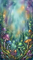 Enchanted forest scene with glowing mushrooms, magical lights, and mystical flora in watercolor style with purple, green, and gold tones. Suitable for fantasy artwork, book illustrations, and decorative designs.