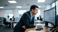 Professional businessman analyzing data on computer screen in modern corporate office environment with colleagues working in background.