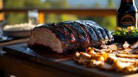 Grilled beef brisket with crispy charred exterior on wooden cutting board, sliced to show tender pink interior, outdoor barbecue setting with beer bottle.