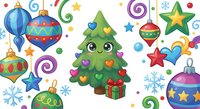 Cute cartoon Christmas tree character with colorful heart decorations surrounded by festive ornaments, stars and swirls on white background.