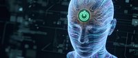 Futuristic humanoid head with glowing green power symbol and digital circuit patterns representing artificial intelligence and advanced technology concepts.