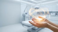 Hands holding glowing digital sphere with light trails in modern medical office environment representing healthcare technology innovation and futuristic treatment.