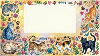 Whimsical cat frame with tabby, orange, and black cats surrounded by colorful toys, hearts, paw prints, and botanical elements on cream background. Isolated design ready for cards, invitations, and children's projects.