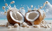 Fresh coconut halves with explosive milk splash against tropical beach background, dynamic food photography with white liquid motion and ocean horizon.