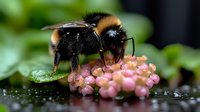 Macro shot of bumblebee collecting nectar from pink flower buds against blurred green background, showing detailed insect wings and fuzzy body texture in nature.