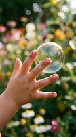 Hand reaching for floating soap bubble with colorful garden flowers in soft focus background creating dreamy spring atmosphere for wellness concepts.