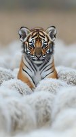 Young Bengal tiger cub with bright orange fur and distinctive black stripes resting in soft white fur blanket, looking directly at camera with intense blue eyes.