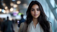 Young Hispanic businesswoman with long dark hair and natural makeup wearing beige blazer and white blouse in modern office corridor with blurred background.