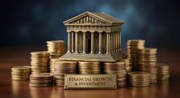 Ancient Greek temple surrounded by golden coin stacks representing financial growth, investment success, and wealth building strategies for business prosperity.