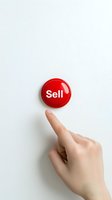 Female hand pointing at red circular button with sell text on white background, minimalist business concept for financial decisions and trading.