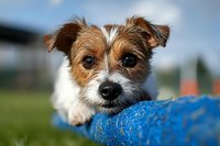 Adorable Jack Russell terrier dog with brown and white fur resting on blue toy outdoors in park, looking directly at camera with expressive eyes.