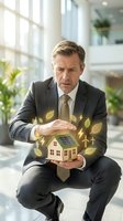 Middle-aged Caucasian male professional in dark business suit holding miniature house with solar panel and renewable energy icons, representing sustainable real estate investment and green building concepts.