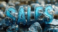 Frozen blue text spelling SALES with ice crystals and frost effects on dark background, dramatic winter seasonal marketing concept for cold season promotions.