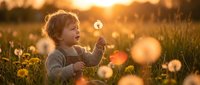 Young child with curly hair blowing dandelion seeds in golden sunset meadow, creating magical moment of wonder and childhood innocence in nature.