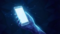 Hand holding smartphone with glowing screen and digital network connections on dark blue background for technology and communication concepts.