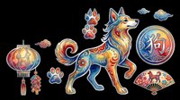 Colorful Chinese zodiac dog sticker set isolated on transparent background, featuring lantern, paw prints, fan, and clouds, ready for T-shirts, clipart, and print on demand.