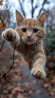 Playful ginger cat reaching out with paws against blurred autumn background, close-up portrait showing bright eyes and whiskers in natural outdoor setting.