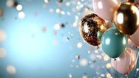 Festive celebration balloons in gold, rose gold and teal colors with sparkling confetti on blue background for party decorations and special events.