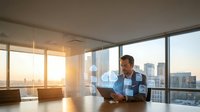 Professional businessman analyzing holographic cloud computing data in modern office with city skyline view during golden hour sunset.