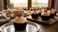 Chocolate cupcakes with vanilla frosting and red heart decorations on rustic wooden table by window. Perfect for Valentine's Day celebrations and romantic occasions.