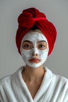 Young Asian woman wearing white clay face mask and red towel turban during skincare routine, dressed in spa bathrobe against neutral background.