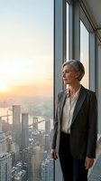 Mature woman professional in business attire gazing out floor-to-ceiling windows at sunset cityscape from high-rise office. Use for corporate leadership, career success, business vision, and workplace concepts.