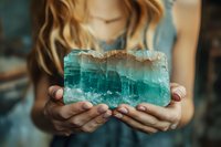 Woman holding large raw aquamarine crystal in cupped hands, showcasing natural blue-green mineral formation and crystalline structure in soft natural lighting.