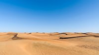 Vast desert landscape with rolling sand dunes under clear blue sky, suitable for travel, nature, and background design projects.