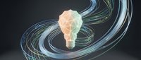 Glowing light bulb with dynamic swirling energy trails on dark background representing innovation, creativity and bright ideas for business concepts.