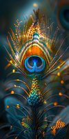 Vibrant peacock feather with iridescent blue eye pattern against dark background, illuminated by golden bokeh lights creating magical atmosphere. Perfect for luxury designs.