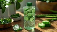 Refreshing cucumber infused water with sliced vegetables in glass bottle on wooden table. Green herbs and fresh ingredients create spa-like hydration experience.
