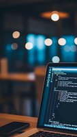 Laptop displaying programming code on screen in modern office environment with bokeh lights and smartphone on wooden desk for software development projects.