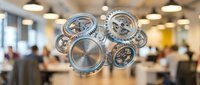 Modern office workspace with floating mechanical gears and clockwork elements representing time management and business efficiency concepts.