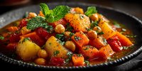 Moroccan vegetable tagine with chickpeas, carrots, potatoes and fresh mint in traditional clay pot. Healthy Mediterranean cuisine for restaurant menus.