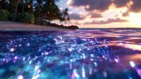 Magical bioluminescent ocean waves glowing with blue light at tropical beach sunset. Underwater split view showing luminous plankton creating ethereal seascape atmosphere.