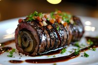 Juicy beef roulades filled with savory stuffing, garnished with fresh herbs and drizzled with rich balsamic reduction sauce on white plate, restaurant serving.