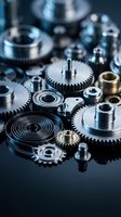 Precision metal gears and mechanical components arranged on dark surface showcasing industrial engineering and manufacturing technology for automotive applications.