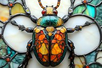 Stained glass style beetle artwork featuring vibrant turquoise, orange, and amber colors in mosaic pattern against white background. Decorative insect design with intricate details.