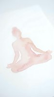 Soft watercolor silhouette of a woman in seated yoga pose with legs extended, rendered in delicate pink tones on white background. Isolated figure suitable for wellness and mindfulness design projects.