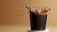 Dynamic splash of brown liquid bursting from black paper cup against warm beige background, frozen motion capturing droplets and crown-shaped liquid formation.
