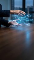 Businessman hands protecting holographic global network with connected icons representing digital transformation and supply chain management.