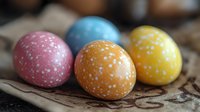 Colorful polka dot Easter eggs in pastel pink, orange, yellow and blue with white speckled pattern arranged on vintage lace background.