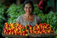 Mature Hispanic woman farmer holding wooden crate of colorful fresh harvested peppers at local market, surrounded by green produce.