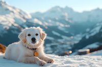 White fluffy puppy lying in snow against majestic mountain landscape at sunset, glowing warm lights in valley below create magical winter atmosphere.
