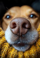 Close-up macro shot of dog nose and partial face wrapped in yellow knitted scarf, showing detailed texture of wet nose and whiskers against dark background.