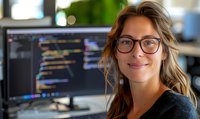 Young Caucasian female software developer with glasses smiling at workplace, computer screen with code in background shows programming environment.