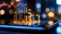 Modern city skyline glowing on smartphone screen with bokeh light effects in background, urban technology concept for smart cities and digital innovation.