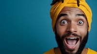 Young African American man with surprised excited expression wearing yellow knit beanie hat against blue background for advertising and marketing campaigns.