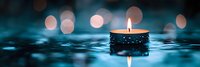 Burning candle floating on water surface with teal blue bokeh lights creating peaceful atmosphere, panoramic meditation and wellness background.